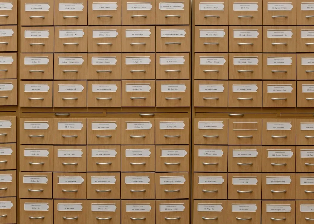 Old style library index cards filing system
